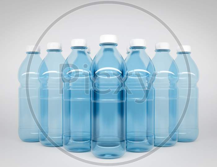 3D Model Of Transparent Plastic Bottles With A Size Of 1.5 Liters. Bottles Stand In Even Rows Symmetrically In The Form Of A Pyramid On A White Isolated Background