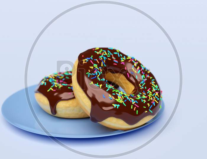 3D Illustration Of Two Chocolate Donuts With Multicolored Sprinkles On A Blue  Classic Plate, Isolated On A Light Background. Cute, Colorful And Glossy Donuts With Dark Glaze And Multi-Colored Powder. Simple Modern Design.