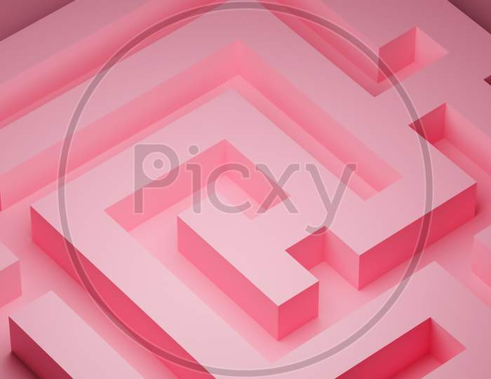 3D Rendering. Pink Volumetric Maze. Geometric Pattern. Abstract Illusory Endless Ornament Texture