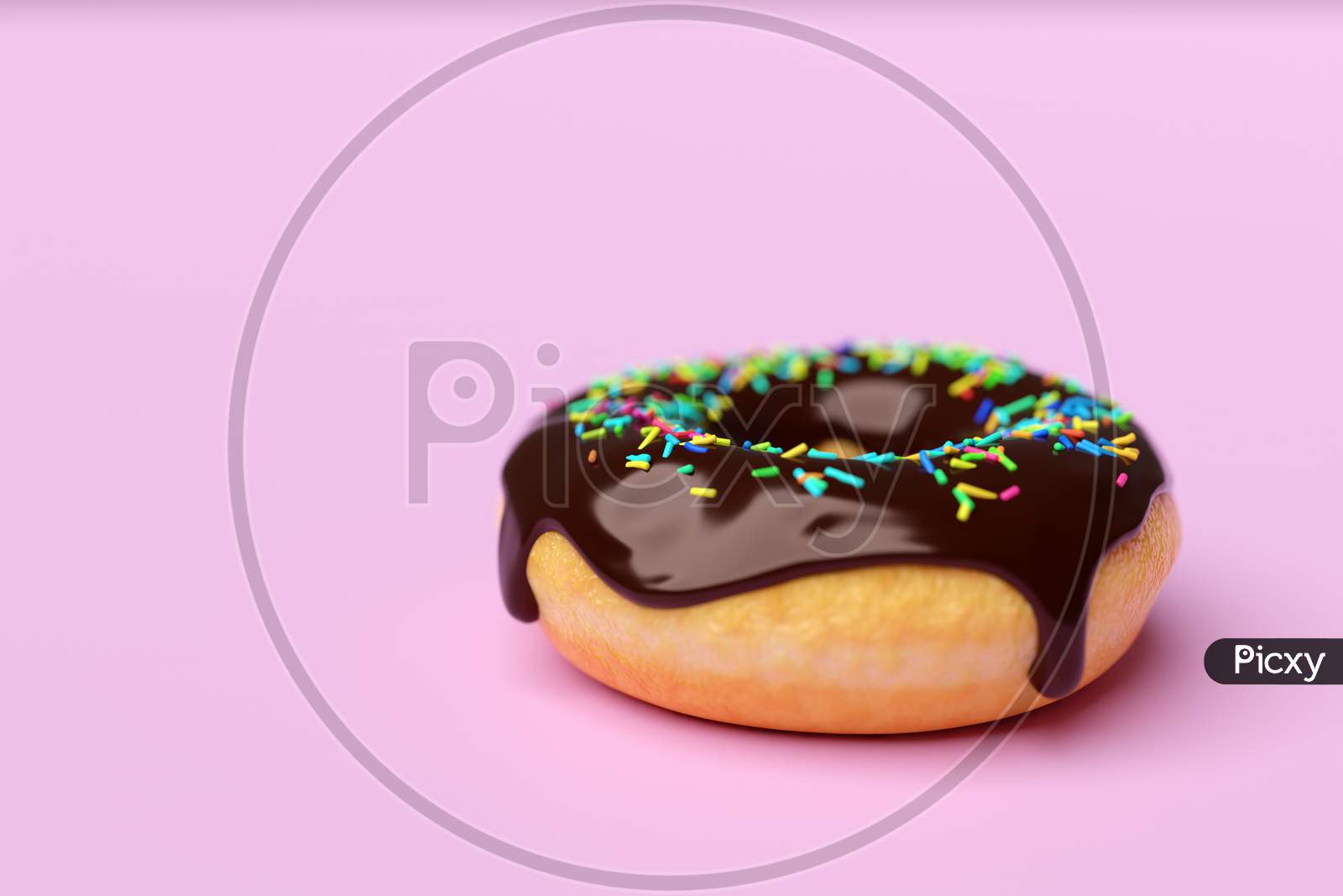 3D Illustration Of Realistic Chocolate  Appetizing Donut  With Sprinkles On Pink Background. Simple Modern Design. Realistic  Illustration.