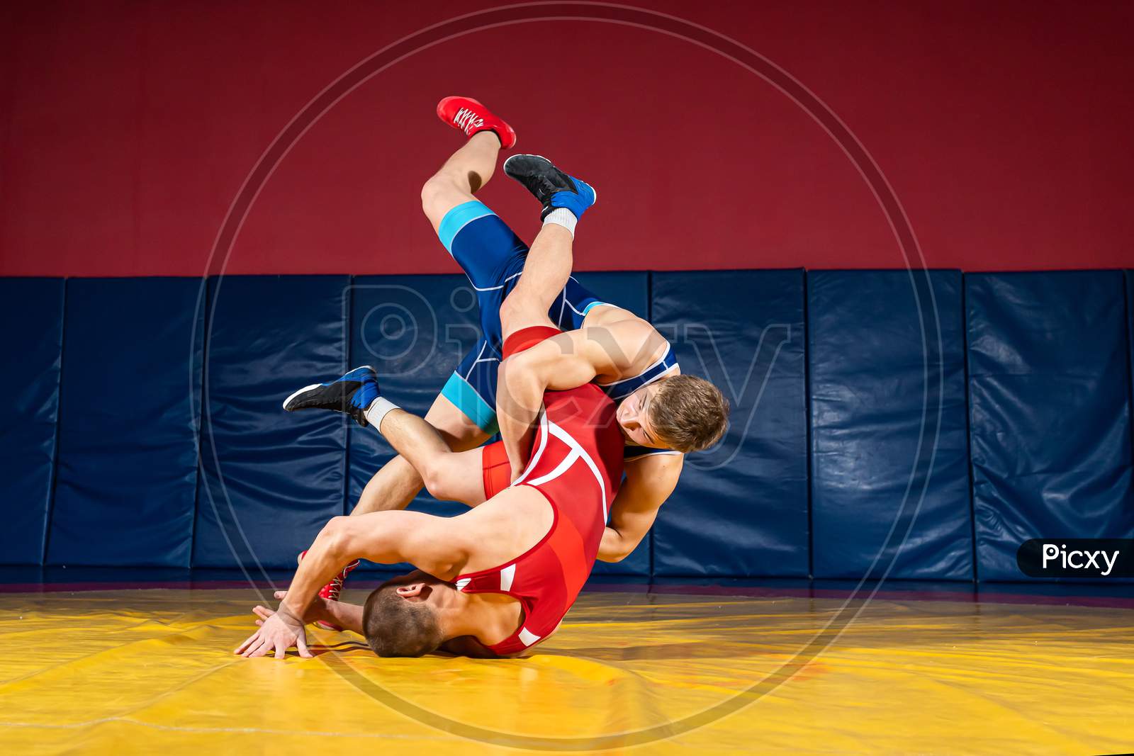 Two Strong Wrestlers In Blue And Red Wrestling Tights Are Wrestlng  On A Wrestling Carpet In The Gym. Young Man Doing Grapple.