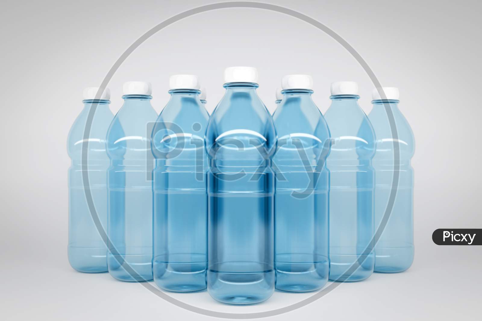 3D Model Of Transparent Plastic Bottles With A Size Of 1.5 Liters. Bottles Stand In Even Rows Symmetrically In The Form Of A Pyramid On A White Isolated Background