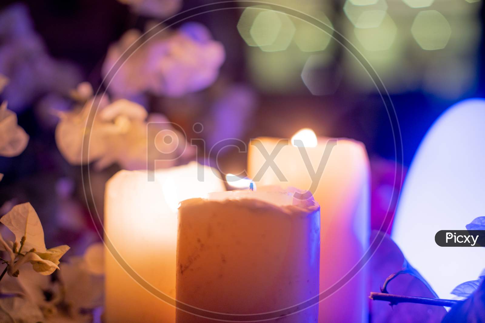 Zoomed In Shot Of Large Thick Wax Candles With Flames Lit And Colorful Flowers All Round And Led Lights Flickering Showing The Table Decorations At A Valentine , Wedding , Engagement Dinner At Night With An Intimate Beautiful Display