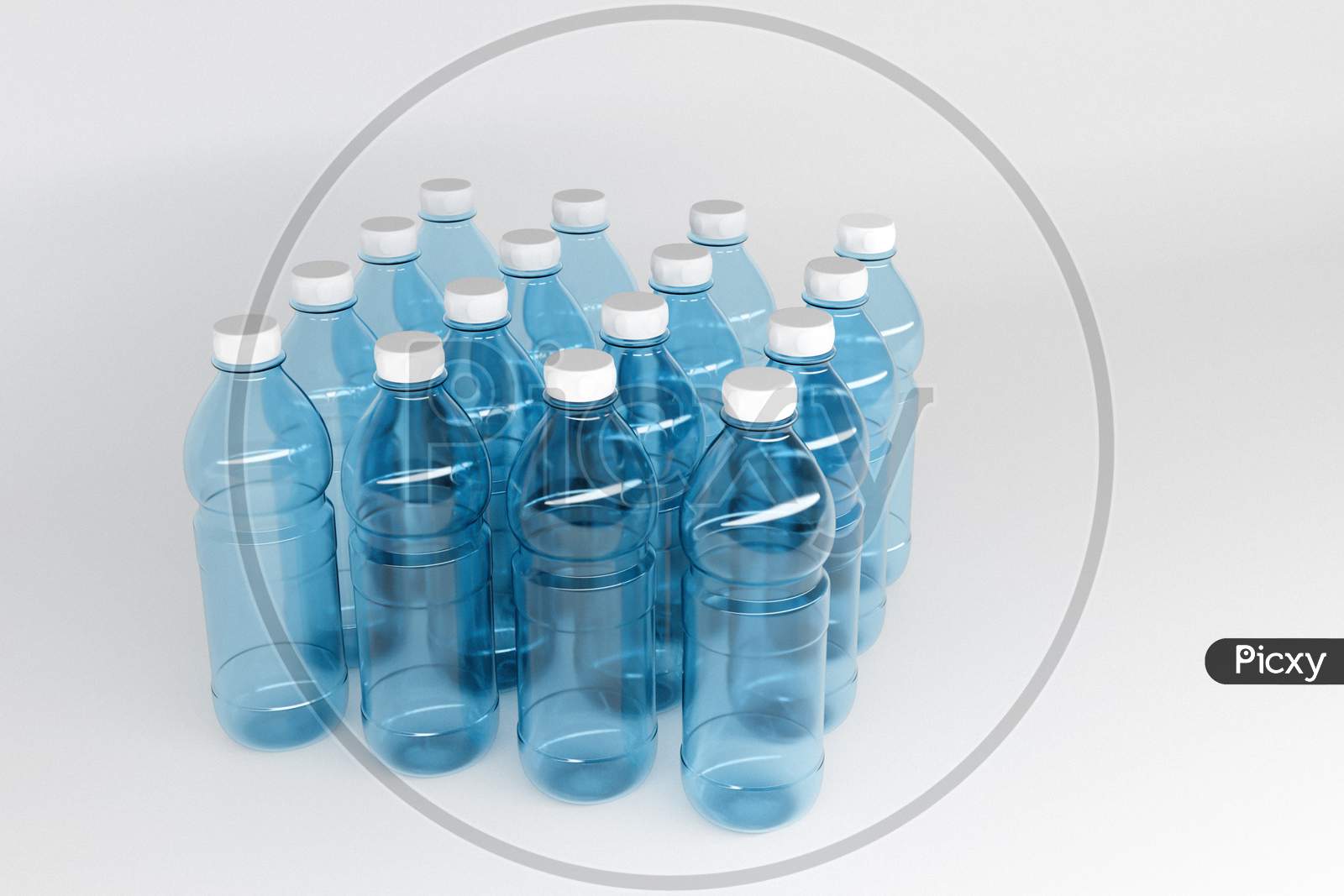 3D Model Plastic Transparent And Gray Opaque Bottles With A Size Of 1.5 Liters. Bottles Stand In Even Rows Symmetrically On A White Isolated Background