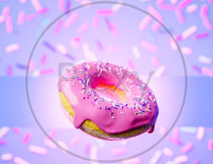 3D Illustration Of Realistic Pink  Appetizing Donut  With Sprinkles  Fly On Pink  Background. Simple Modern Design. Realistic  Illustration.