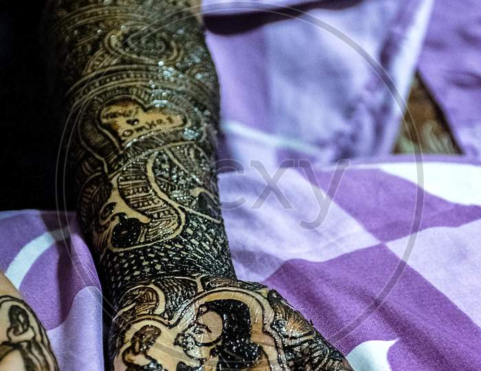 Stock Photo Of Indian Bride Hand Beautifully Decorated By Henna Tattoo Or Henna Design Or Mehndi Design For Wedding At Kolhapur Maharashtra India.
