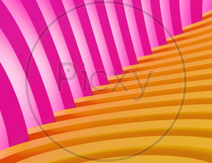 Pink-Orange Corner Made Of Geometric Simple Lines. Bright Creative Symmetric Pattern, Texture. Repeatable Minimalistic Background.3D Rendering.