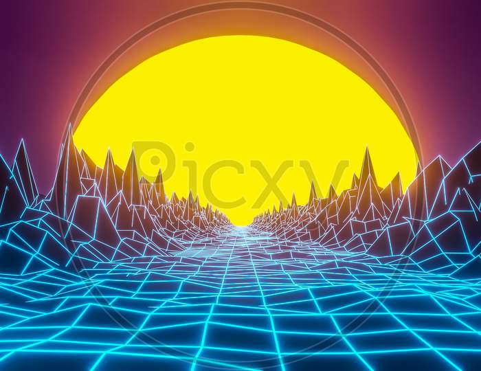 3D Rendering, Virtual Reality, Road From Geometric Lines Between The Mountains To The Setting Sun.Design In The Style Of The 80S.  Futuristic Synthesizer Retro Wave Illustration