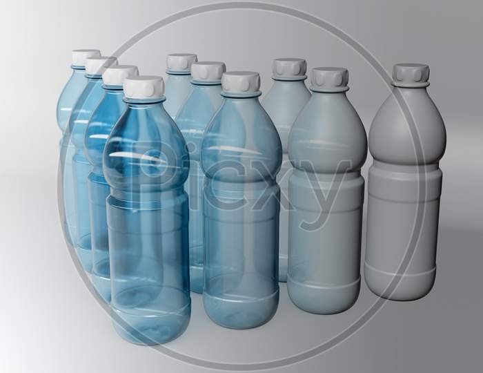 3D Model Plastic Transparent And Gray Opaque Bottles With A Size Of 1.5 Liters. Bottles Stand In Even Rows Symmetrically In The Form Of A Pyramid On A White Isolated Background
