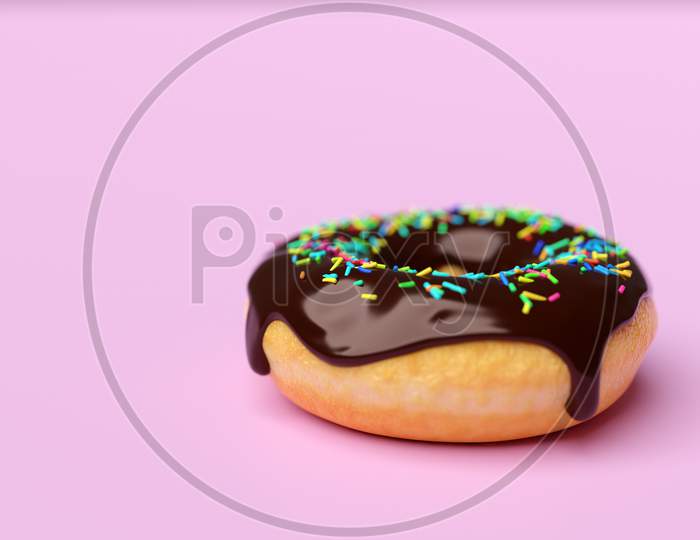 3D Illustration Of Realistic Chocolate  Appetizing Donut  With Sprinkles On Pink Background. Simple Modern Design. Realistic  Illustration.