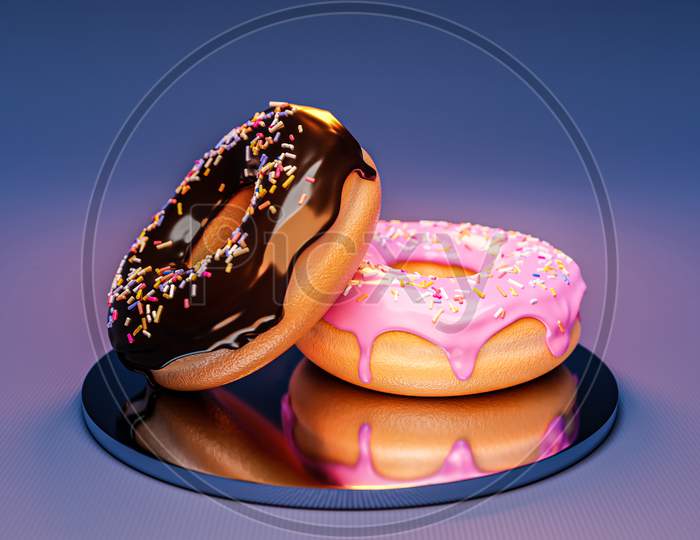 3D Illustration Of Two Realistic  Chocolate And Strawberry  Appetizing Donut  With Sprinkles On Plate On  Blue  Background. Simple Modern Design. Realistic  Illustration.