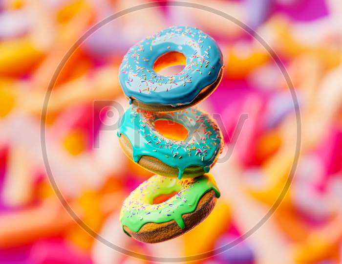 3D Illustration Three Multi-Colored Donuts With Multi-Colored Sprinkles Fly In An Even Row On A Blurred Background. Cute, Colorful And Glossy Donuts With Glaze And Multi-Colored Powder. Simple Modern Design.