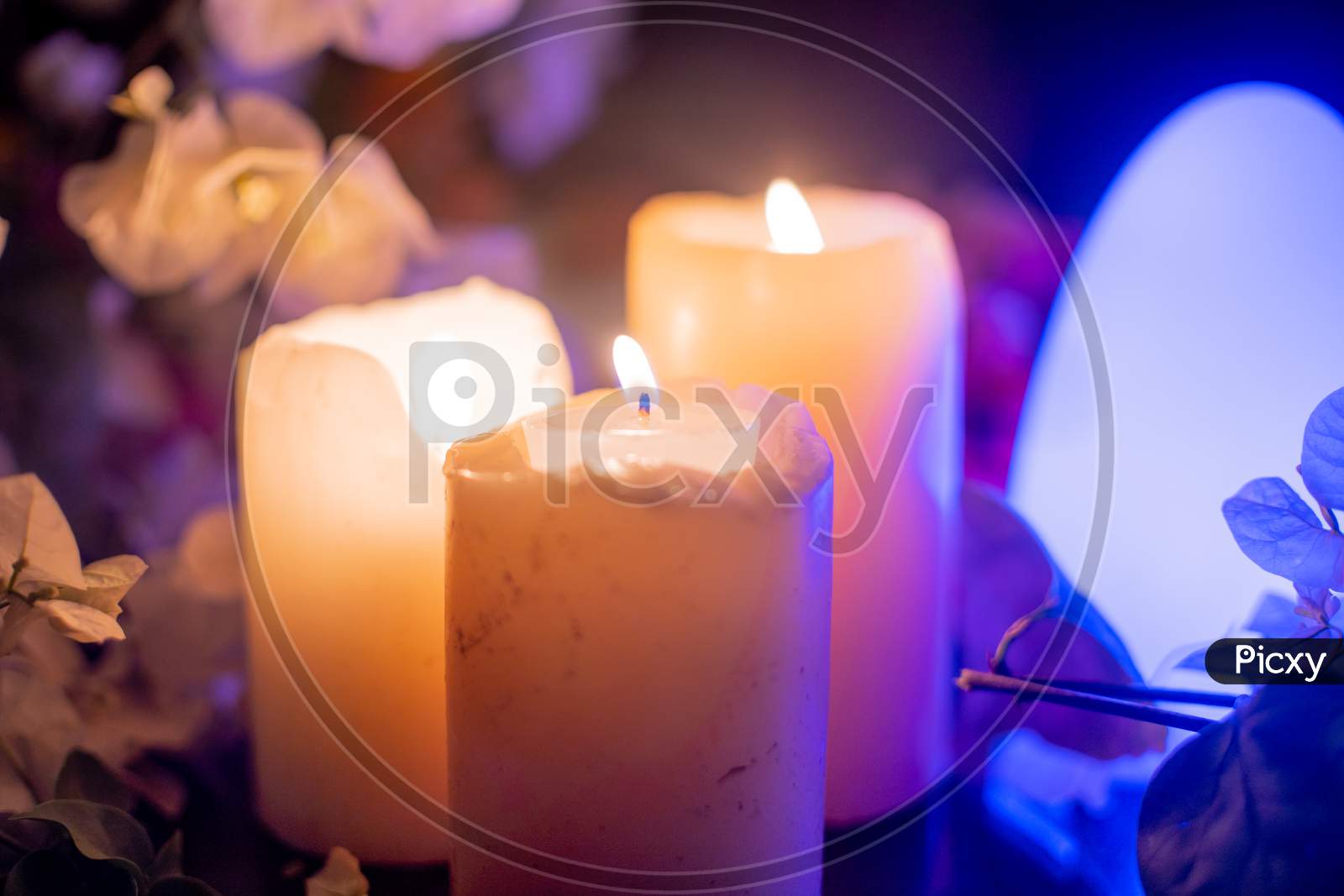 Zoomed In Shot Of Large Thick Wax Candles With Flames Lit And Colorful Flowers All Round And Led Lights Flickering Showing The Table Decorations At A Valentine , Wedding , Engagement Dinner At Night With An Intimate Beautiful Display