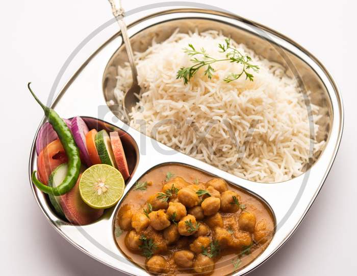 Chole, Chickpea Curry Or Chana Masala With Plain Rice, Popular North Indian Food