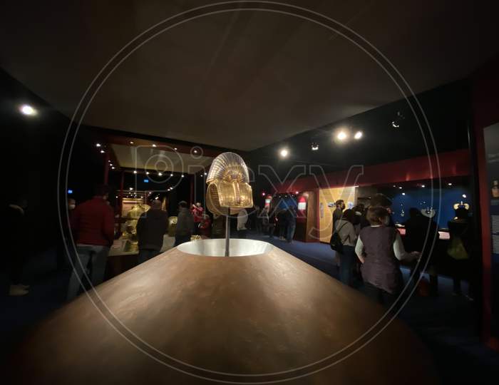 Exhibition Of Tutankhamun In Zurich With Spectators During Pandemic Time. Tomb And Treasures With Gold Mask And Replicas From Egypt Pharaoh. 14.03.2021 - Oerlikon, Switzerland.