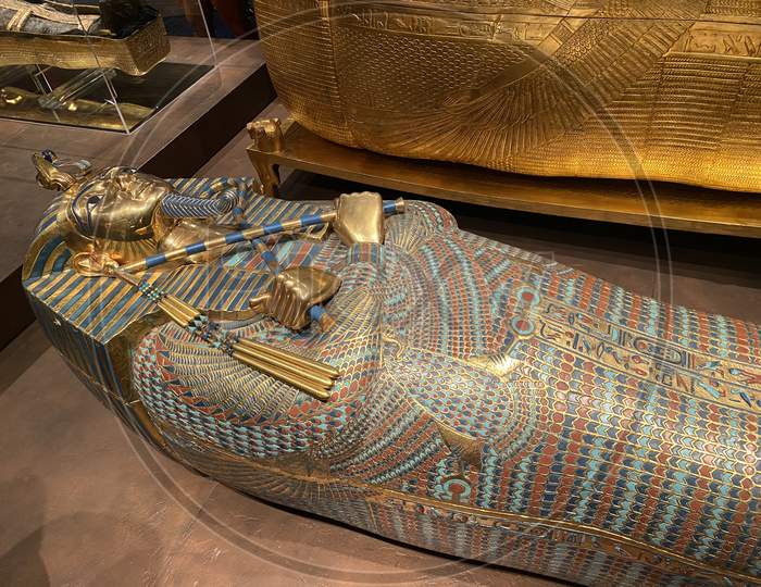 Middle Coffin Shows Pharaoh Tutanchamun And Famous Gold Mask. 14.03.2021 - Oerlikon, Switzerland.
