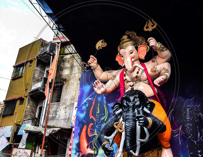 Stock Photo Of Beautiful Huge Or Big Statue Of Lord Ganesha. Establishment Of Lord Ganesha During Ganesh Chaturthi In Kolhapur Maharashtra India.