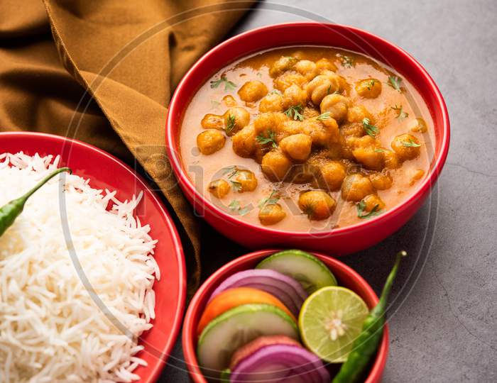 Chole, Chickpea Curry Or Chana Masala With Plain Rice, Popular North Indian Food