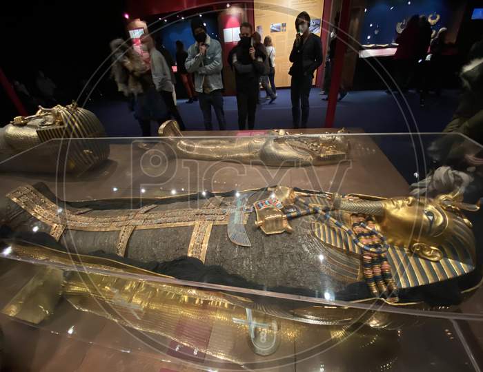Tomb And Treasures With Gold Mask And Replicas From Egypt Pharaoh Tutankhamun. 14.03.2021 - Oerlikon, Switzerland.
