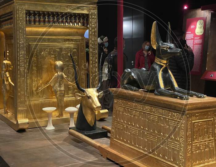 Tomb And Treasures With Golden Cow And Black Anubis As Replicas From Egypt Pharaoh Tutankhamun. 14.03.2021 - Oerlikon, Switzerland.