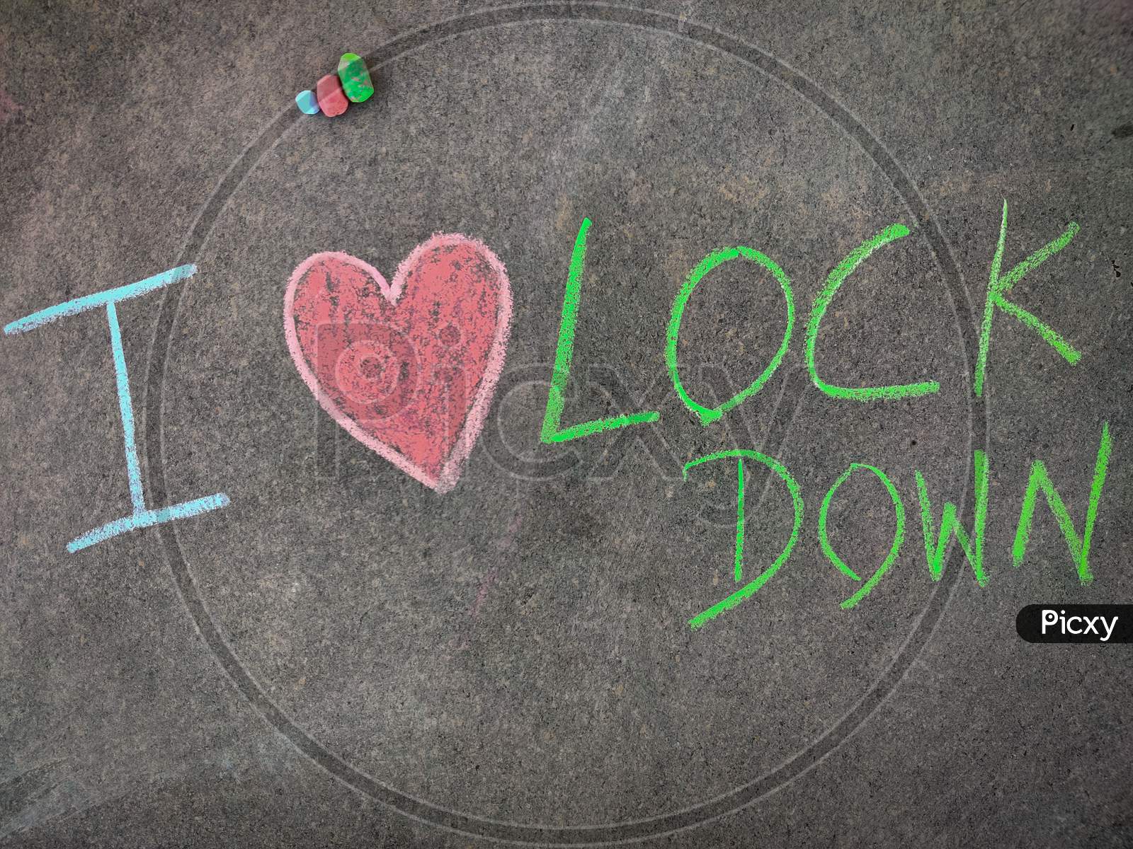 The Inscription Text On The Grey Board, I Lockdown With Hand Drawn Love Symbol. (I Love Lockdown). Using Color Chalk Pieces.