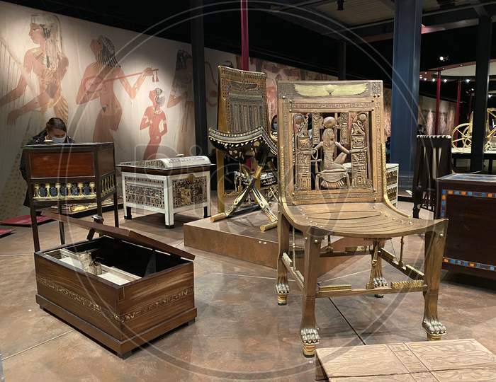 Replicas Of Golden Chair And Furniture From The Tomb Of Tutanchamun. 14.03.2021 - Oerlikon, Switzerland.