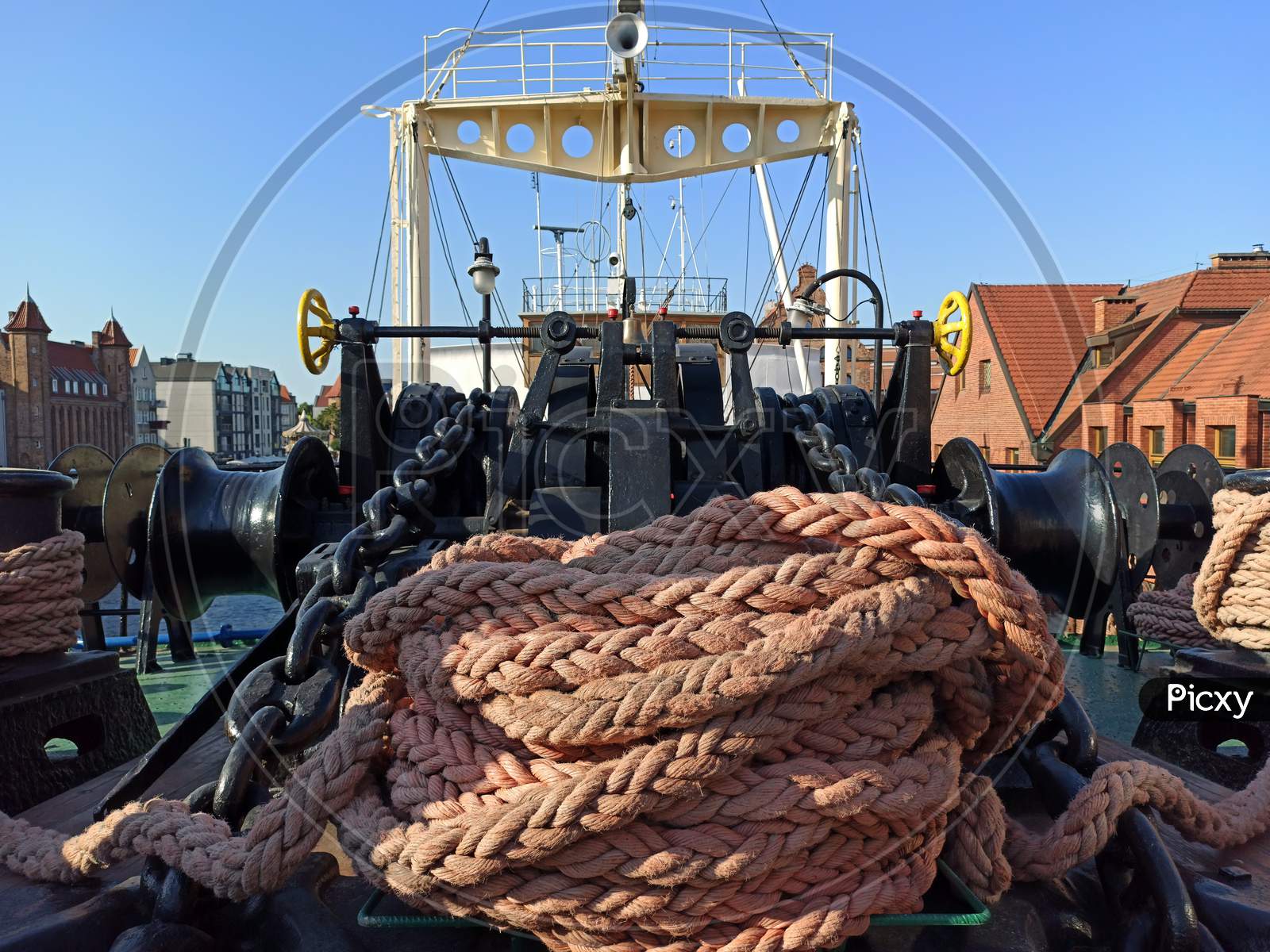 Image of Gdansk, Poland - May 07, 2020: Large Thick Rope Used To