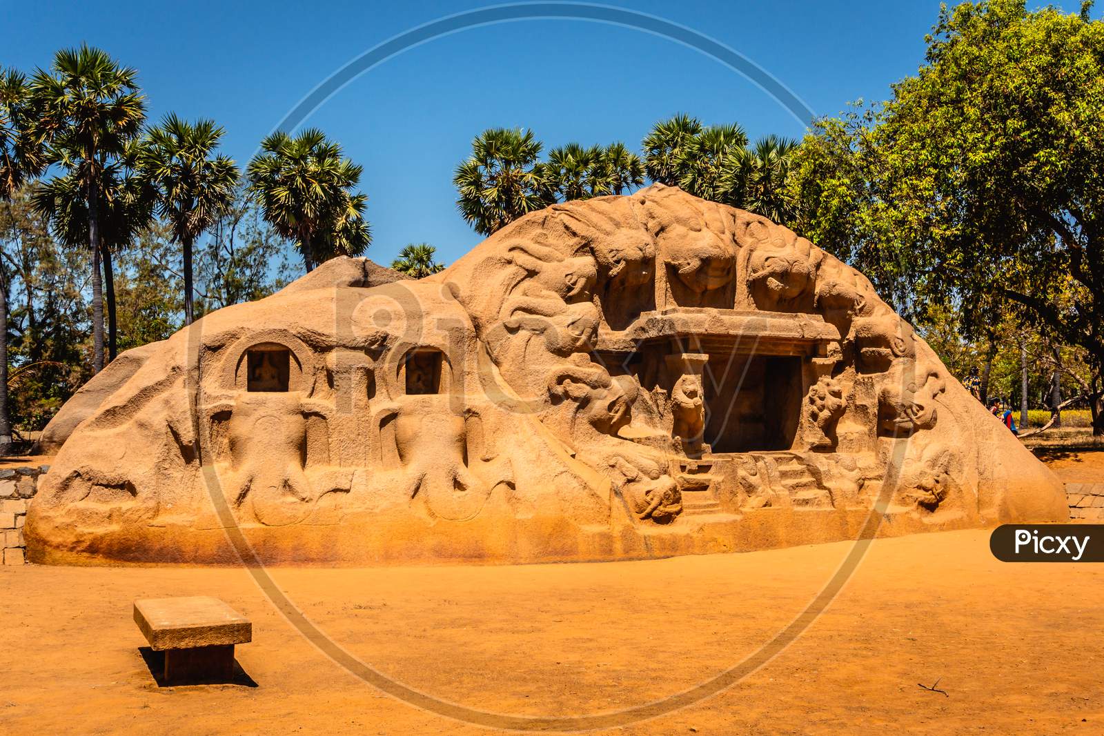 The Tiger Cave - carvings of tiger heads on the mouth of a cave is a rock-cut temple located in the hamlet of Saluvankuppam near Mahabalipuram in Tamil Nadu, South India