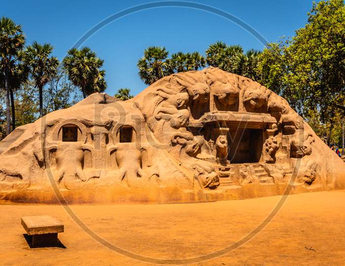 The Tiger Cave - carvings of tiger heads on the mouth of a cave is a rock-cut temple located in the hamlet of Saluvankuppam near Mahabalipuram in Tamil Nadu, South India