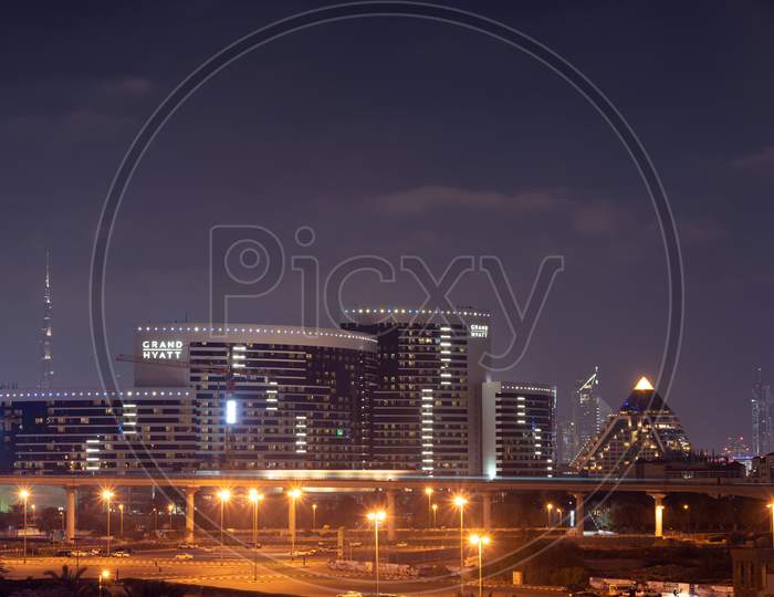 Dubai,Uae, Jan 14Th, 2021. View Of The Illuminated Grand Hyatt Hotel And The Wafi Mall Captured From The Gharhoud Bridge Dubai,Uae.