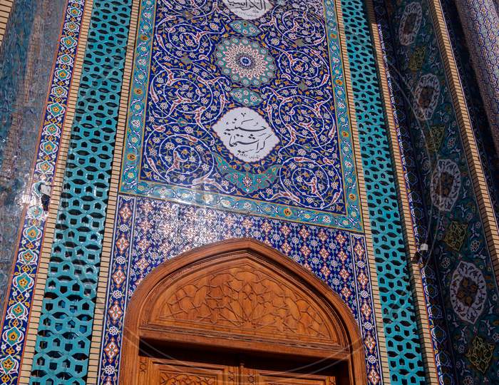 Feb 27Th, 2021, Bur Dubai, Uae. View Of The Beautiful Iranian Mosque With Intricate Designs And Wooden Entrance Door Captured At Bur Dubai, Uae.