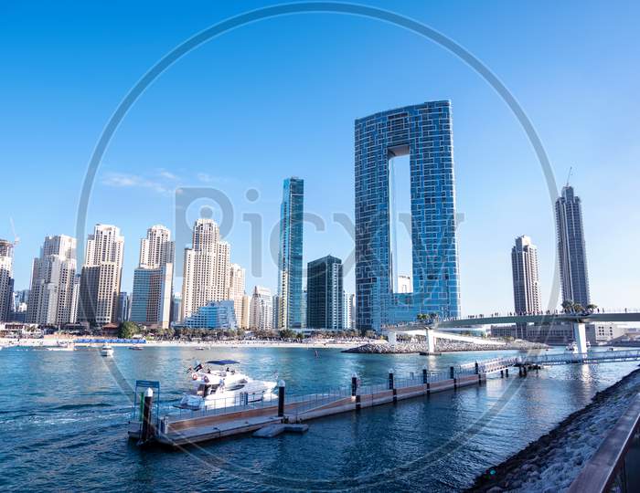 Jan 22, 2021, Dubai,Uae. Panoramic View Of The Cruise Ships And Skyscrapers At The Dubai Marina Captured From The Ain Dubai In Blue Water Islands, Dubai , Uae.