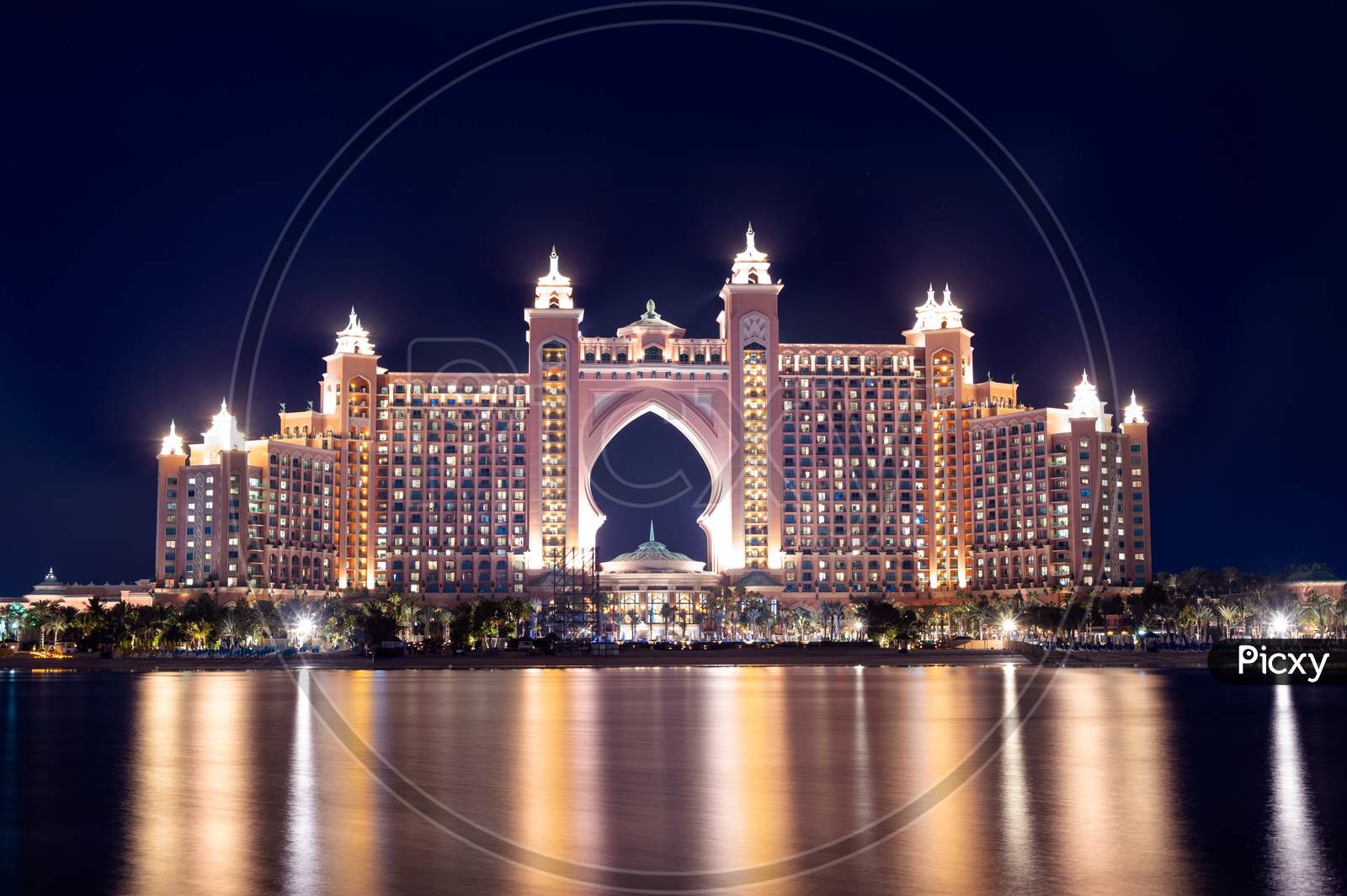 Jan 15Th ,2021, Dubai,Uae.View Of The Atlantis Hotel With Colorful Reflection On Water Captured From The Pointe Palm Jumeirah.