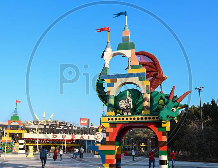 Feb 12Th, 2021-Dubai, United Arab Emirates - Visitors At The Entrance Of The Legoland Dubai At Dubai Parks And Resorts,Dubai, United Arab Emirates.