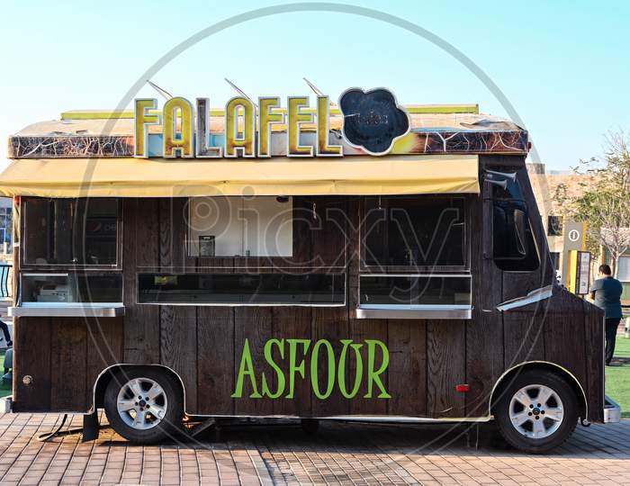 Feb 12Th, 2021-Dubai, United Arab Emirates - Food Truck Selling The Traditional Felafel Dish At Riverland Dubai Parks And Resorts,Dubai, United Arab Emirates.