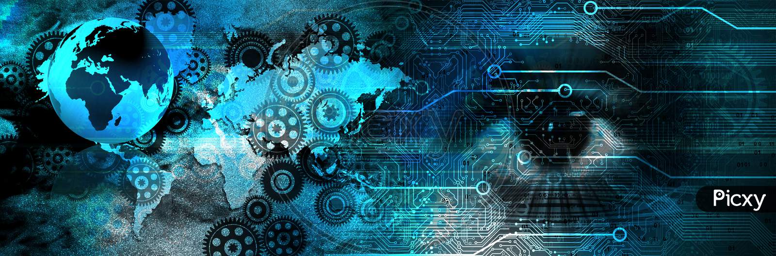 Digital cogs global circuit binary background. future binary technology telecoms background, Network concept. communication. Circuit board, Hi-tech digital technology and engineering. Abstract futuristic - Molecules technology with linear and polygonal pattern. artificial intelligence.