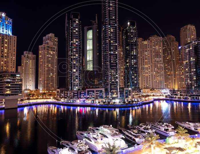 Dec 28, 2020 ,Dubai,Uae.Panoramic View Of The Beautifully Illuminated Sky Scrappers, Apartments And Hotels Captured From The Marina Mall ,Dubai, Uae.
