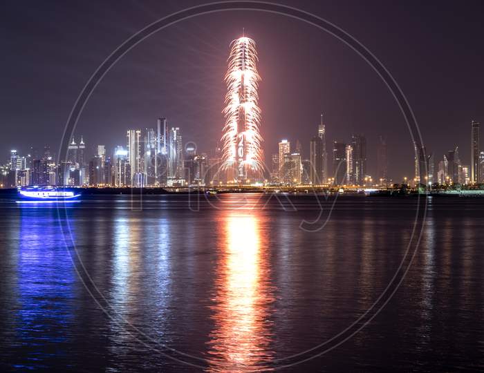 Jan 1St,2021, Dubai,Uae. View Of The Spectacular Fireworks At The Burj Khalifa During The New Year 2021 Celebration Captured From The Creek Harbor , Dubai , Uae.