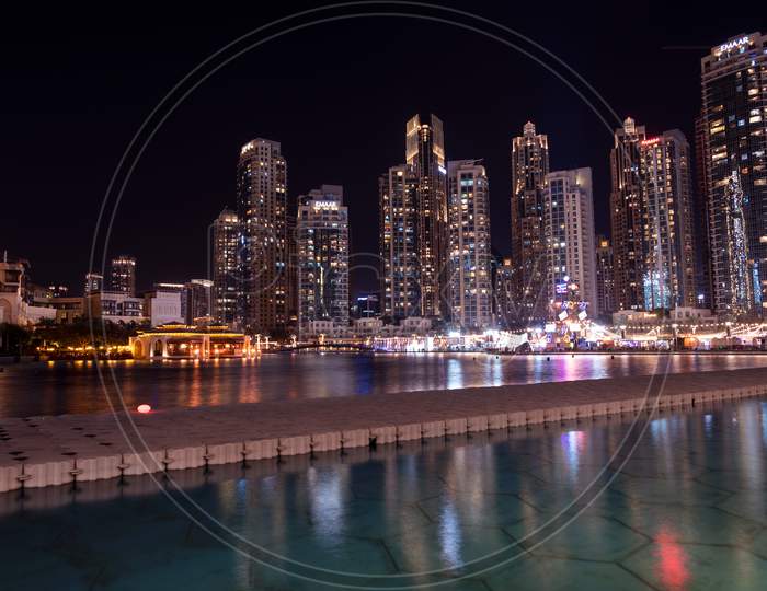 Jan 7Th 2021, Dubai, Uae. View Of The Beautifully Illuminated Apartments At The Recreational Boulevard Area Of The Burj Park, Dubai,Uae.