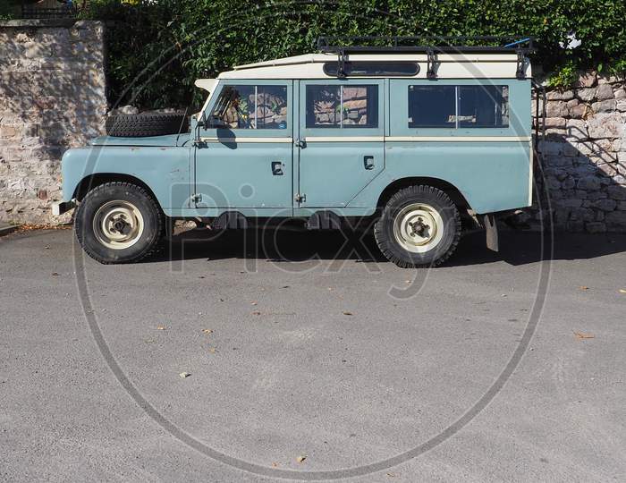 Chepstow, Uk - Circa September 2019: Light Blue Land Rover Defender Car