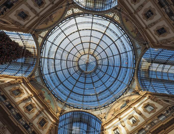 Milan, Italy - Circa January 2017: Glass Dome Roof Of Galleria Vittorio Emanuele Ii Shopping Arcade