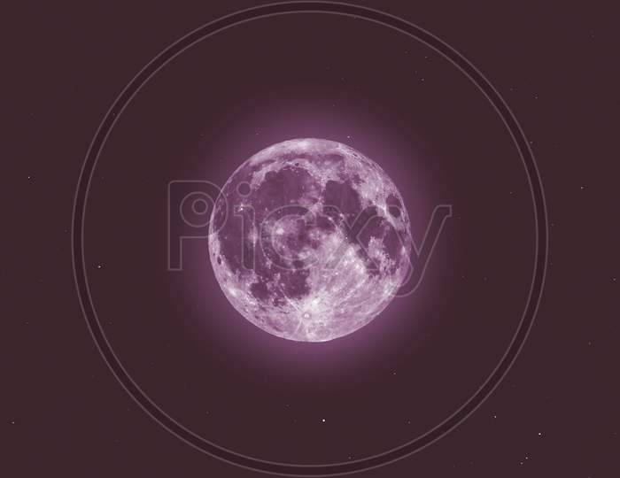 Pink Moon Seen With Telescope, Starry Sky