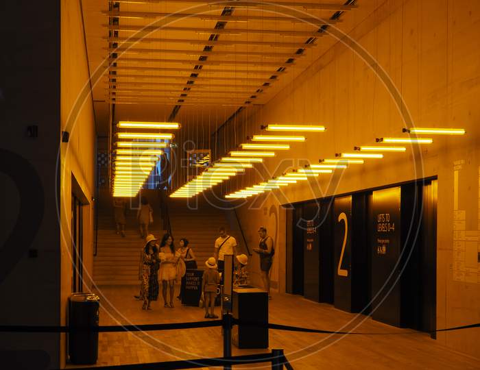 London, Uk - Circa September 2019: Olafur Eliasson Yellow Lights Art Installation At Tate Modern Art Gallery In South Bank Power Station