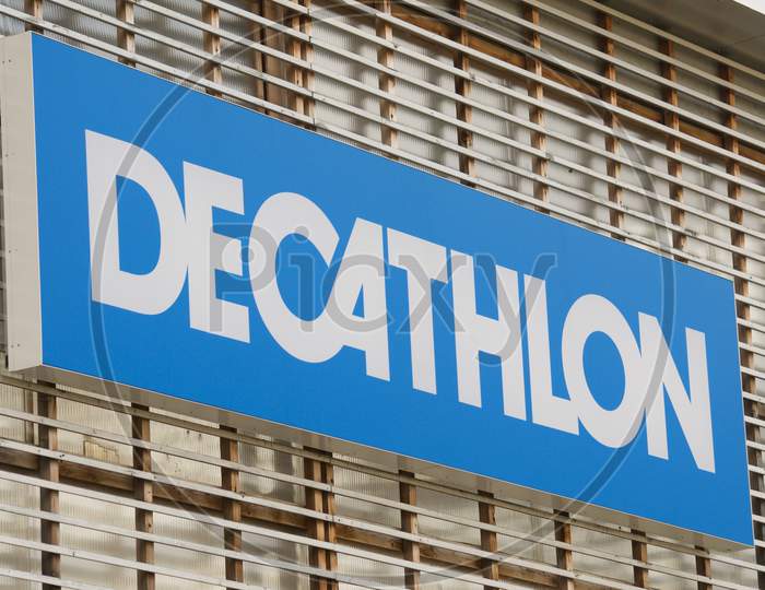Decathlon Store Sign Hanging On A Building In Switzerland