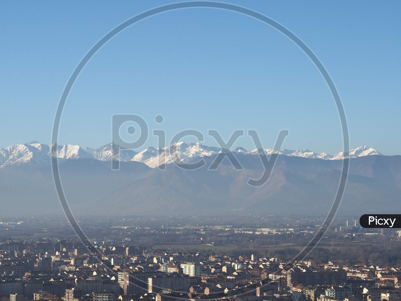 Aerial View Of Turin With Alps Mountains