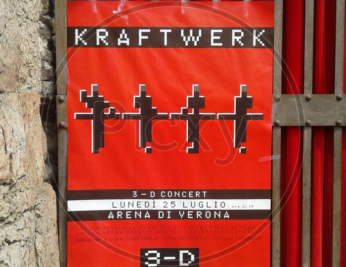 Verona, Italy - July 25, 2016: Kraftwerk 3D Concert Poster At The Arena Di Verona Amphitheatre