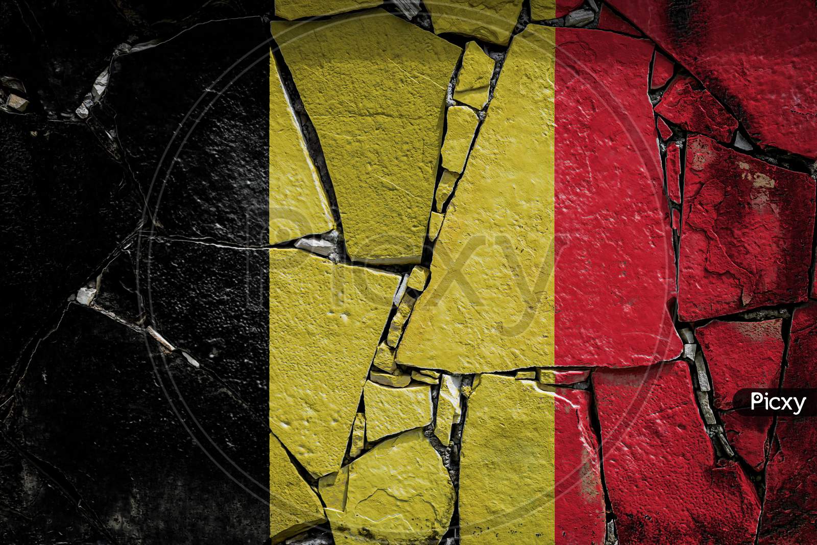National Flag Of Belgium
 Depicting In Paint Colors On An Old Stone Wall. Flag  Banner On Broken  Wall Background.
