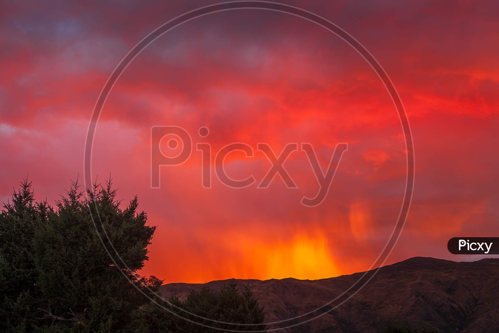 Fiery Sunset At Wanaka In New Zealand