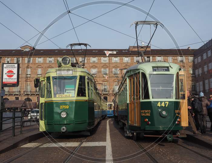 Turin, Italy - Circa December 2018: Vintage 2759 And 447 Tram At Turin Trolley Festival