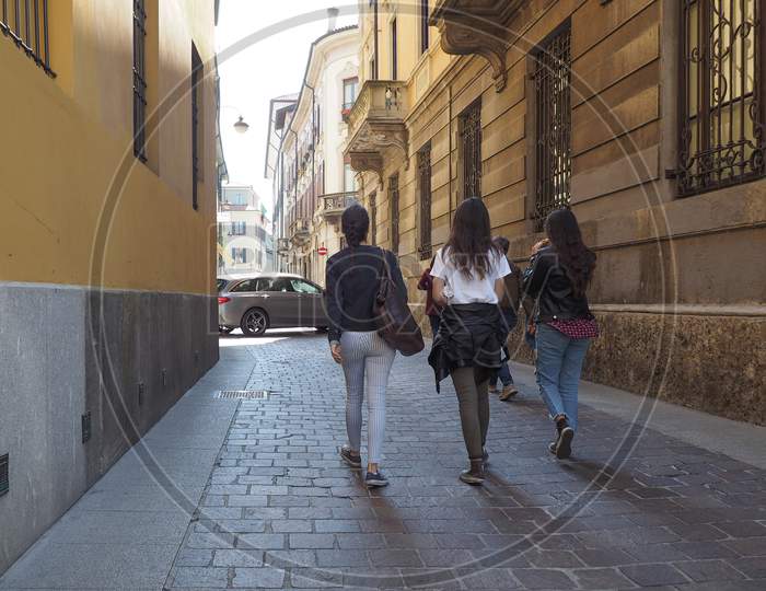Como, Italy - Circa April 2017: Girls Walking In The Old City Centre